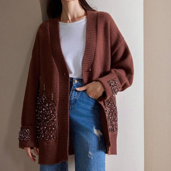 Coffee Brown Sequin and Faix Pearl detailed Women's Oversized sweater Cardigan - Picture 4 of 8